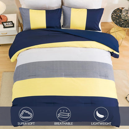 Comforter Set Queen, Reversible Blue Striped Patchwork Down Alternative Comforter for Queen Bed,3 Pieces (1 Comforter+2 Pillowcases), Soft Microfiber Bedding Duvet Insert Set 90"×90"