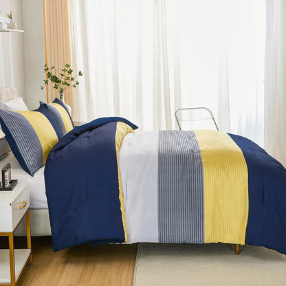 Comforter Set Queen, Reversible Blue Striped Patchwork Down Alternative Comforter for Queen Bed,3 Pieces (1 Comforter+2 Pillowcases), Soft Microfiber Bedding Duvet Insert Set 90"×90"