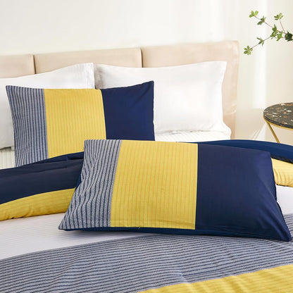 Comforter Set Queen, Reversible Blue Striped Patchwork Down Alternative Comforter for Queen Bed,3 Pieces (1 Comforter+2 Pillowcases), Soft Microfiber Bedding Duvet Insert Set 90"×90"