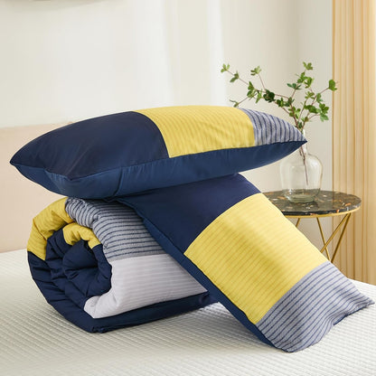 Comforter Set Queen, Reversible Blue Striped Patchwork Down Alternative Comforter for Queen Bed,3 Pieces (1 Comforter+2 Pillowcases), Soft Microfiber Bedding Duvet Insert Set 90"×90"