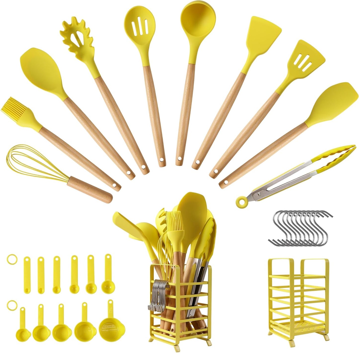 Kitchen Utensils Set, 32 PCS Silicone Cooking Utensils Set with Stainless Steel Holder, 446°F Heat Resistant Food Grade Kitchen Gadgets Tools Set Wooden Handle for Nonstick Cookware (Yellow)