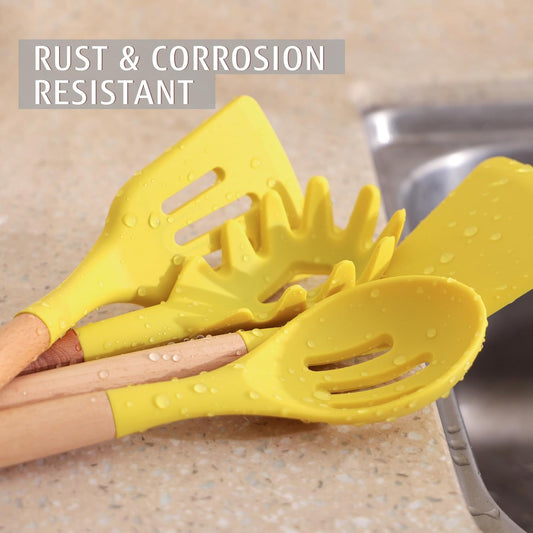 Kitchen Utensils Set, 32 PCS Silicone Cooking Utensils Set with Stainless Steel Holder, 446°F Heat Resistant Food Grade Kitchen Gadgets Tools Set Wooden Handle for Nonstick Cookware (Yellow)