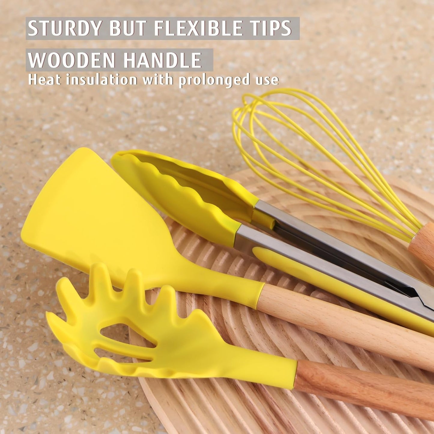 Kitchen Utensils Set, 32 PCS Silicone Cooking Utensils Set with Stainless Steel Holder, 446°F Heat Resistant Food Grade Kitchen Gadgets Tools Set Wooden Handle for Nonstick Cookware (Yellow)