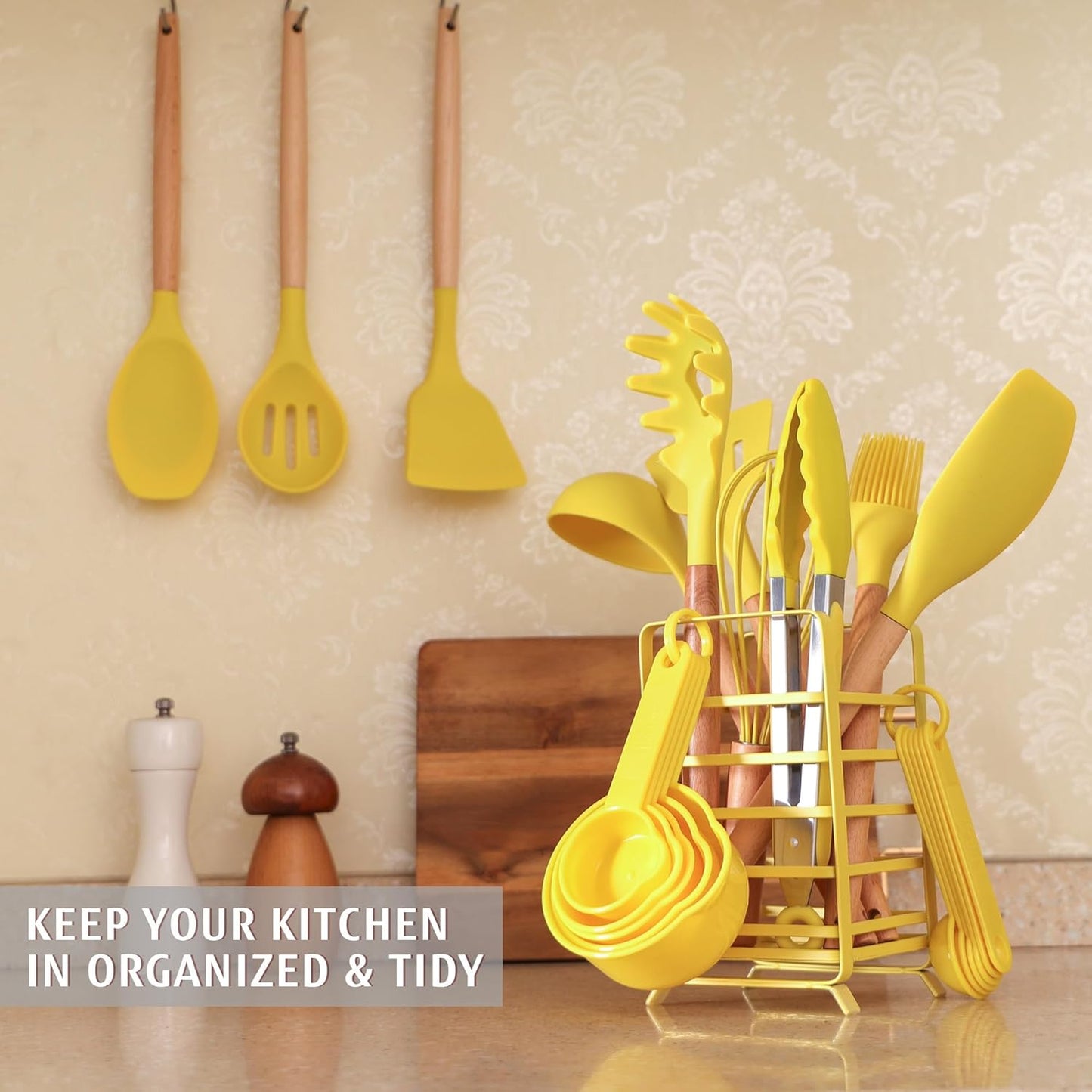 Kitchen Utensils Set, 32 PCS Silicone Cooking Utensils Set with Stainless Steel Holder, 446°F Heat Resistant Food Grade Kitchen Gadgets Tools Set Wooden Handle for Nonstick Cookware (Yellow)