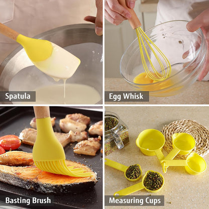 Kitchen Utensils Set, 32 PCS Silicone Cooking Utensils Set with Stainless Steel Holder, 446°F Heat Resistant Food Grade Kitchen Gadgets Tools Set Wooden Handle for Nonstick Cookware (Yellow)