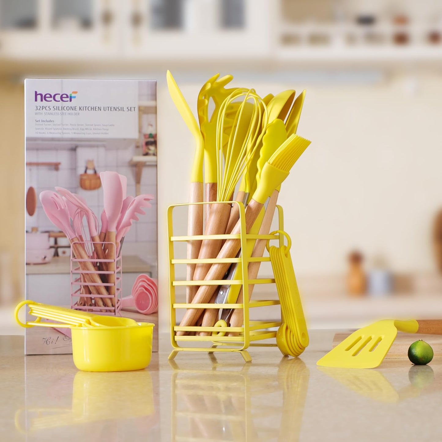Kitchen Utensils Set, 32 PCS Silicone Cooking Utensils Set with Stainless Steel Holder, 446°F Heat Resistant Food Grade Kitchen Gadgets Tools Set Wooden Handle for Nonstick Cookware (Yellow)