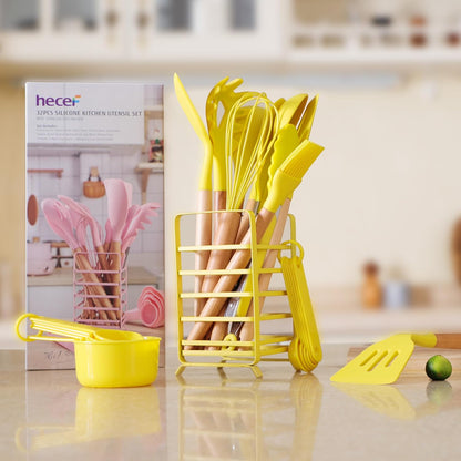 Kitchen Utensils Set, 32 PCS Silicone Cooking Utensils Set with Stainless Steel Holder, 446°F Heat Resistant Food Grade Kitchen Gadgets Tools Set Wooden Handle for Nonstick Cookware (Yellow)