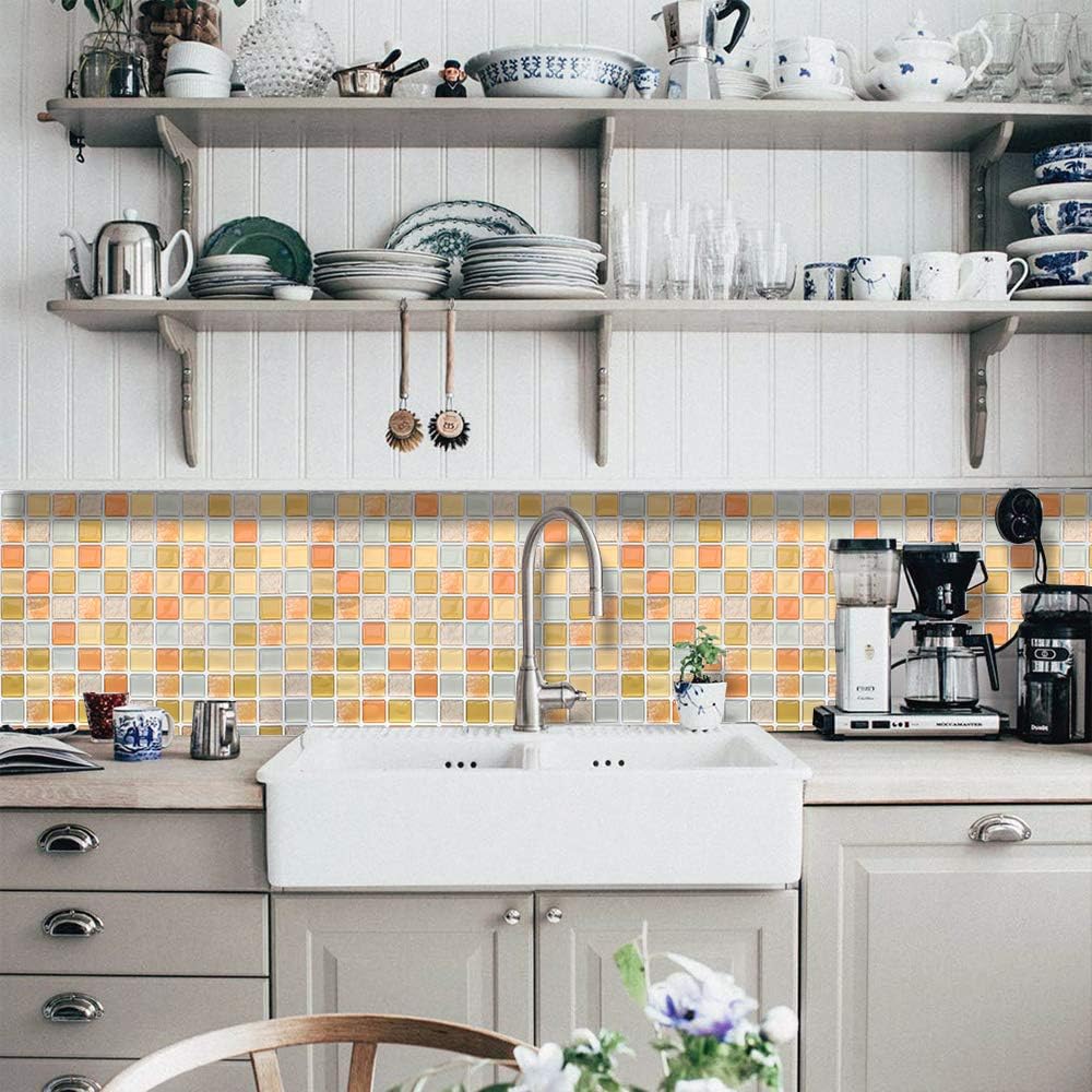 3D Mosaic Tile Sticker Removable Wallpaper Tile Yellow, 3D Self Adhesive Wall Tiles Bathroom Wall Tiles for Kitchen Backsplash Yellow, PVC Square Decorative Vinyl Tile Decals, 4 Sheets