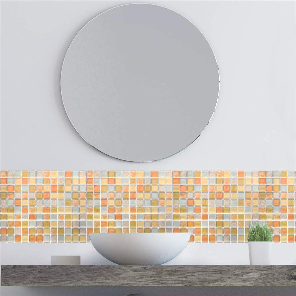 3D Mosaic Tile Sticker Removable Wallpaper Tile Yellow, 3D Self Adhesive Wall Tiles Bathroom Wall Tiles for Kitchen Backsplash Yellow, PVC Square Decorative Vinyl Tile Decals, 4 Sheets