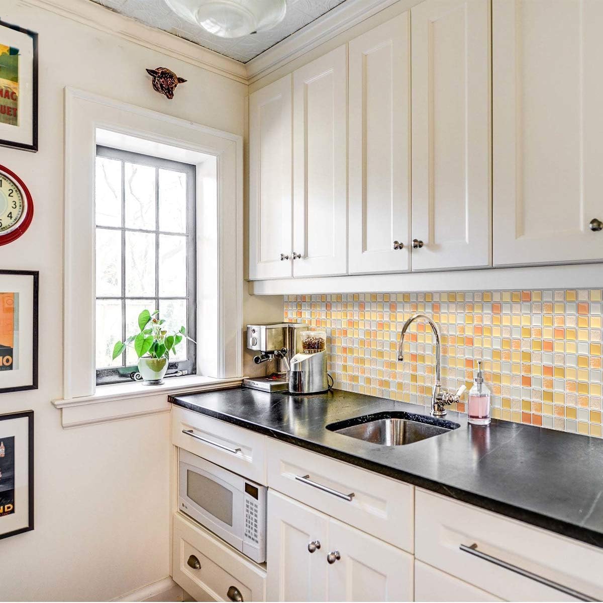 3D Mosaic Tile Sticker Removable Wallpaper Tile Yellow, 3D Self Adhesive Wall Tiles Bathroom Wall Tiles for Kitchen Backsplash Yellow, PVC Square Decorative Vinyl Tile Decals, 4 Sheets