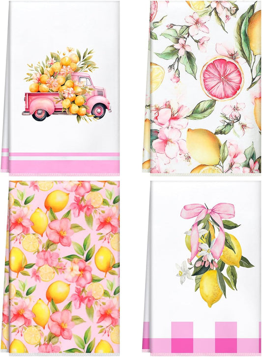Pink Lemon Kitchen Towels Set of 4, Cottagecore Summer Floral Citrus Dish Towel 16"x24", Cute Farmhouse Hand Towel Pink Yellow Flower, Decorative Tea Towels Housewarming Birthday Gift for Mom