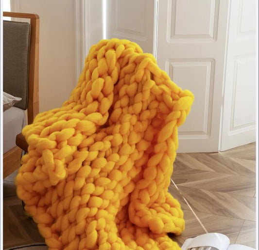 Chunky Knit Blanket Throw Cotton Throw Blanket 100% Handmade Warm & Cozy Blanket Couch Hand Knit Couch Throw Blanket Bed Home Decor Soft Breathable Fleece Throws,Yellow,60x60cm(24x24inch)