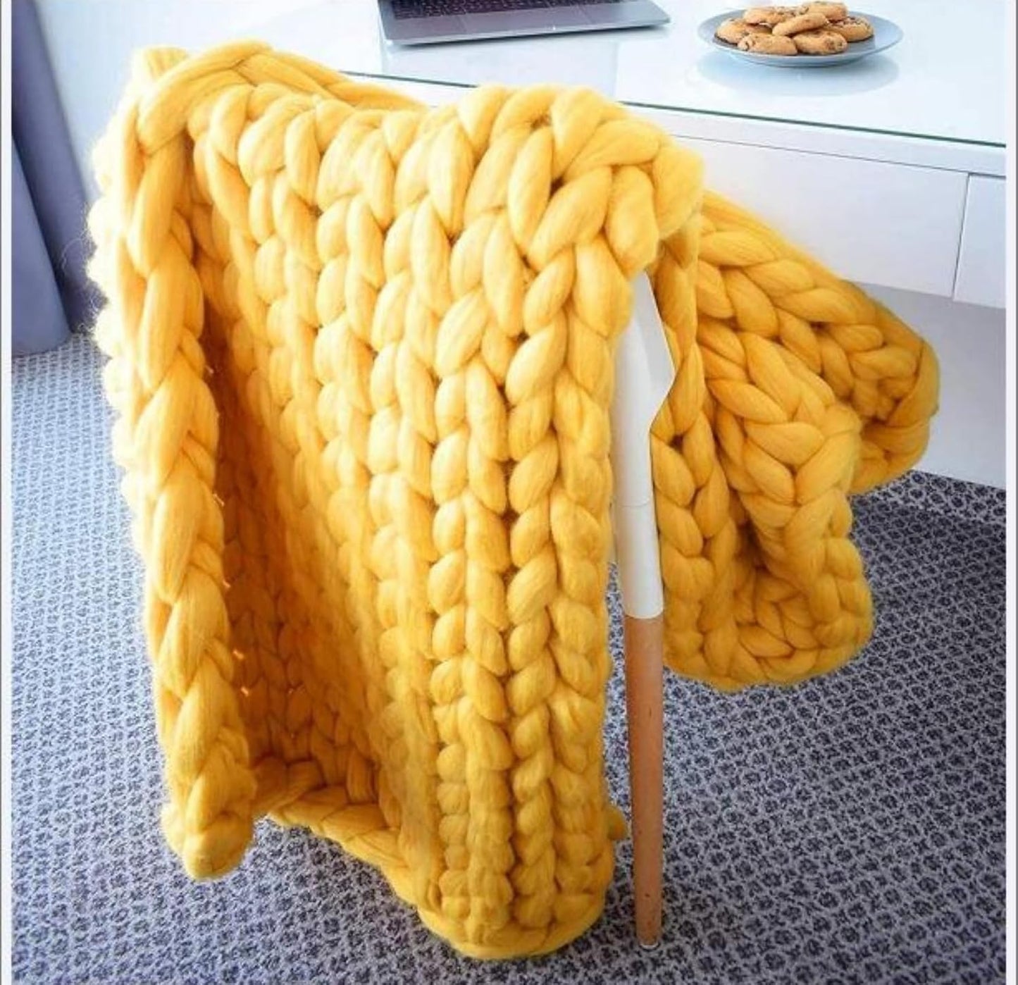 Chunky Knit Blanket Throw Cotton Throw Blanket 100% Handmade Warm & Cozy Blanket Couch Hand Knit Couch Throw Blanket Bed Home Decor Soft Breathable Fleece Throws,Yellow,60x60cm(24x24inch)