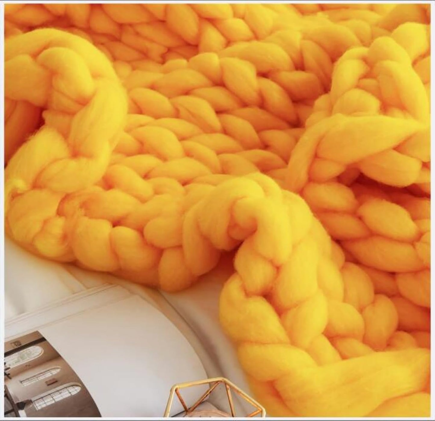 Chunky Knit Blanket Throw Cotton Throw Blanket 100% Handmade Warm & Cozy Blanket Couch Hand Knit Couch Throw Blanket Bed Home Decor Soft Breathable Fleece Throws,Yellow,60x60cm(24x24inch)