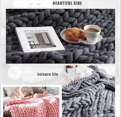 Chunky Knit Blanket Throw Cotton Throw Blanket 100% Handmade Warm & Cozy Blanket Couch Hand Knit Couch Throw Blanket Bed Home Decor Soft Breathable Fleece Throws,Yellow,60x60cm(24x24inch)