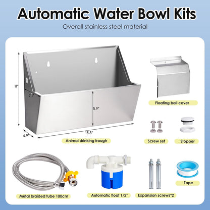 Automatic Water Dispenser for Large Dogs, 2.1 Gallon Stainless Steel Auto Water Bowl Self Filling, Waterer Feeder for Outdoor Animals Drinking, Chicken Livestock (Drainage Hole)