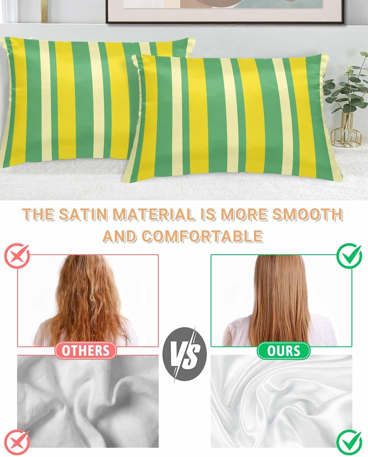 Satin Pillowcases Standard Size, Lemon Green Yellow Silk Pillow Cases for Hair and Skin with Zipper 2 Pack, Summer Modern Farmhouse Striped Smooth Throw Pillow Covers for Sleeping, 20"x26"