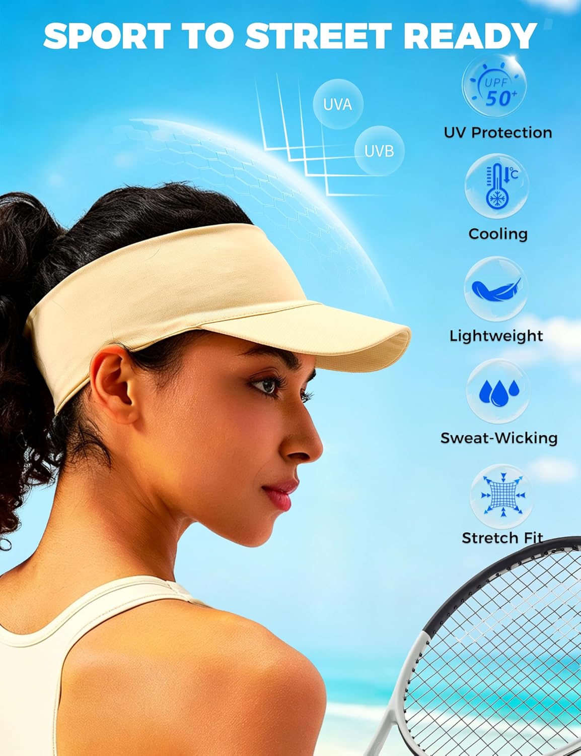 Cooling Sun Visor Hat Women Men, Elastic Headband UV Protection | 1.2oz Packable Golf Fishing Running Tennis Cap, Wet to Instant Cool Sweat Wicking Headband, Stretch Fits 21.6-23" Head
