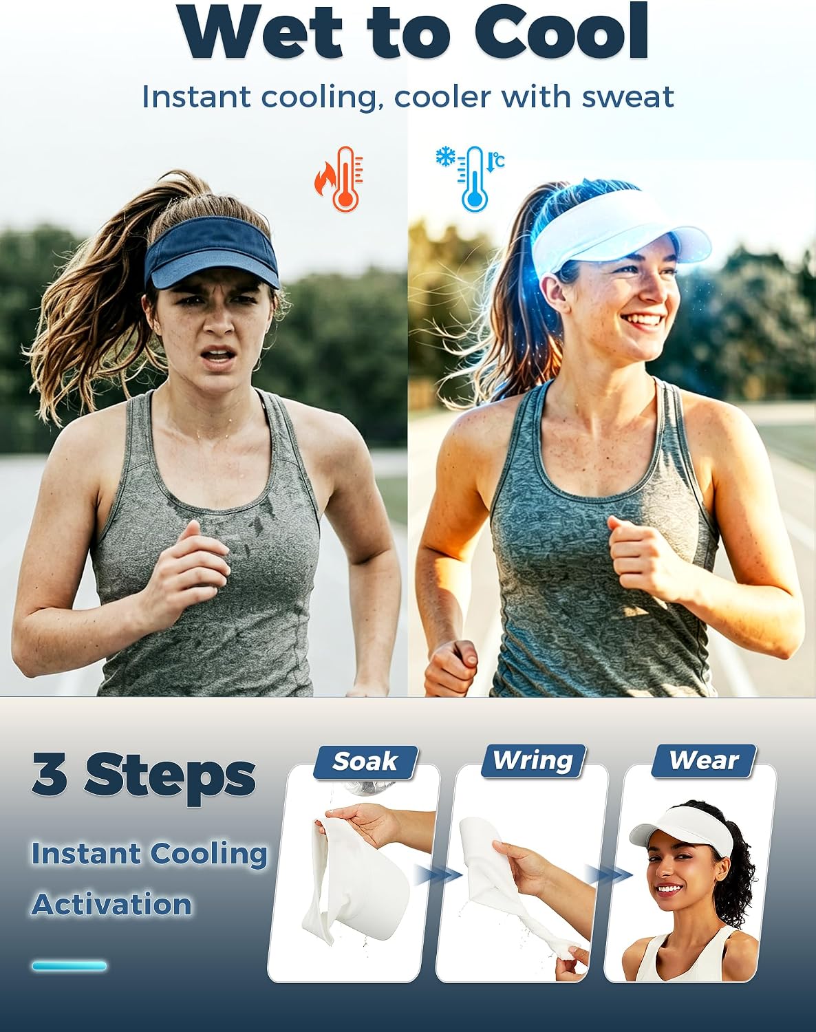 Cooling Sun Visor Hat Women Men, Elastic Headband UV Protection | 1.2oz Packable Golf Fishing Running Tennis Cap, Wet to Instant Cool Sweat Wicking Headband, Stretch Fits 21.6-23" Head