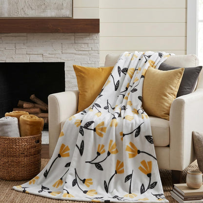 DaDa Bedding Floral Fleece Throw Blanket - Soft Faux Mink Flannel with Yellow Orange Tulips on Grey - Cozy & Elegant Home Decor - 50" x 60"