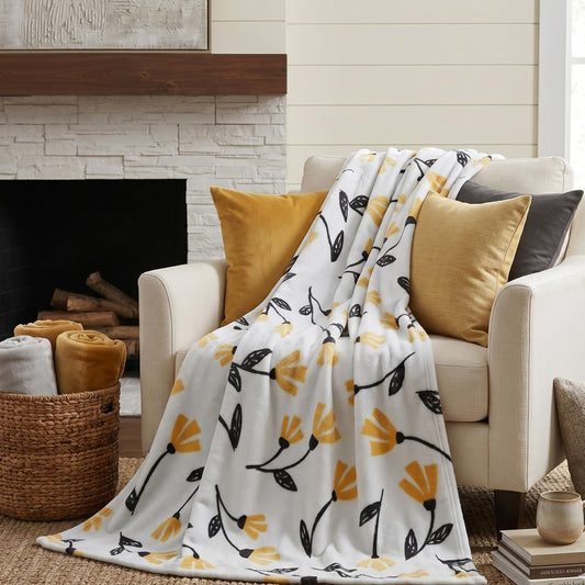 DaDa Bedding Floral Fleece Throw Blanket - Soft Faux Mink Flannel with Yellow Orange Tulips on Grey - Cozy & Elegant Home Decor - 50" x 60"