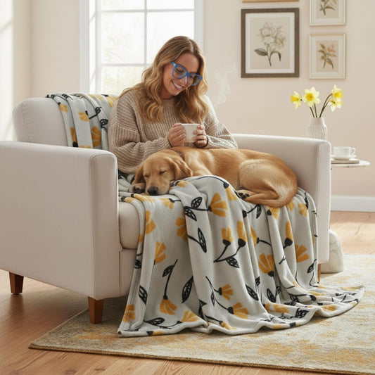 DaDa Bedding Floral Fleece Throw Blanket - Soft Faux Mink Flannel with Yellow Orange Tulips on Grey - Cozy & Elegant Home Decor - 50" x 60"
