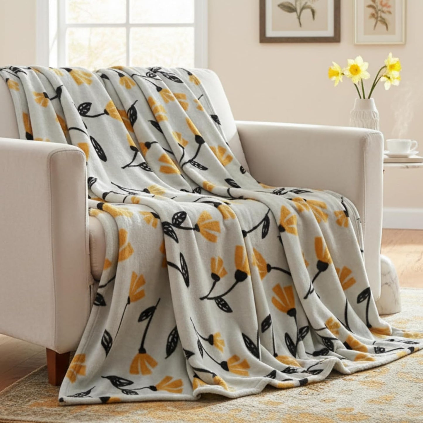 DaDa Bedding Floral Fleece Throw Blanket - Soft Faux Mink Flannel with Yellow Orange Tulips on Grey - Cozy & Elegant Home Decor - 50" x 60"