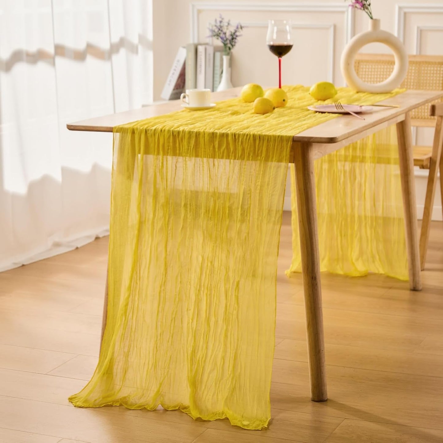 Yellow Spring Table Runner Boho Cheesecloth Table Runner 120 inches Crinkled Gauze Sheer Mother's Day Table Centerpieces for Wedding Ceremony Anniversary Bridal Baby Shower Banquet