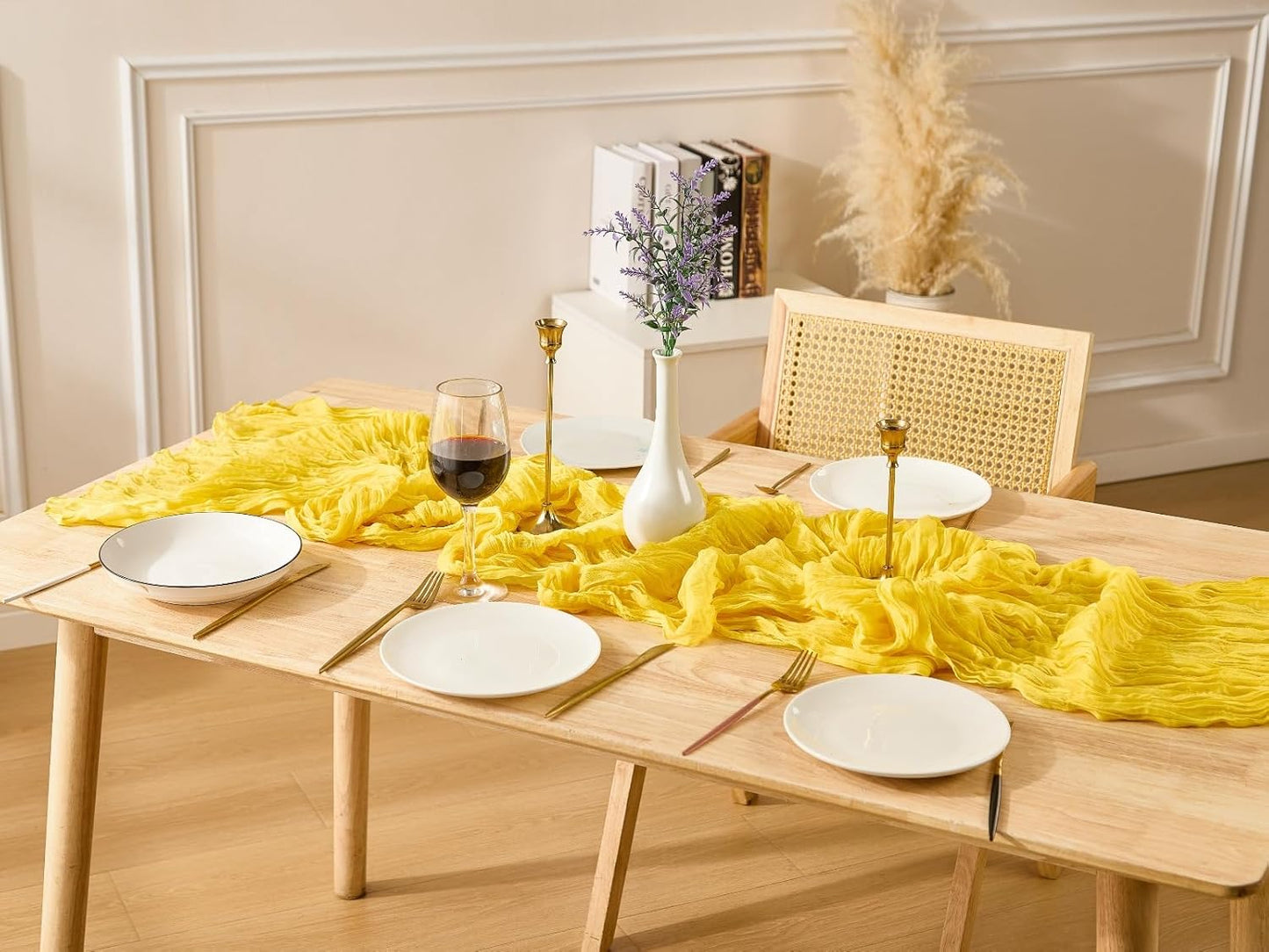 Yellow Spring Table Runner Boho Cheesecloth Table Runner 120 inches Crinkled Gauze Sheer Mother's Day Table Centerpieces for Wedding Ceremony Anniversary Bridal Baby Shower Banquet