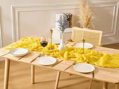 Yellow Spring Table Runner Boho Cheesecloth Table Runner 120 inches Crinkled Gauze Sheer Mother's Day Table Centerpieces for Wedding Ceremony Anniversary Bridal Baby Shower Banquet