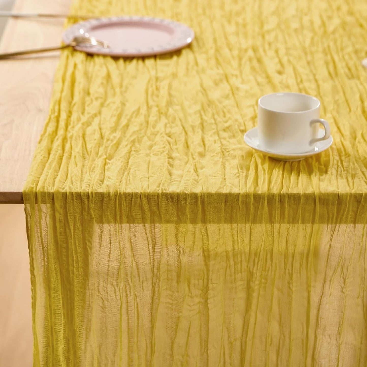 Yellow Spring Table Runner Boho Cheesecloth Table Runner 120 inches Crinkled Gauze Sheer Mother's Day Table Centerpieces for Wedding Ceremony Anniversary Bridal Baby Shower Banquet