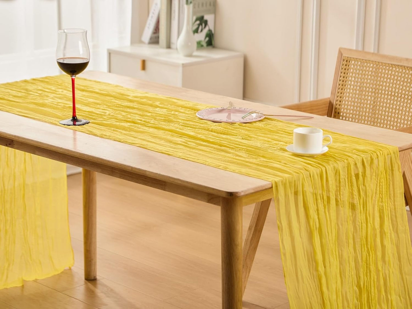 Yellow Spring Table Runner Boho Cheesecloth Table Runner 120 inches Crinkled Gauze Sheer Mother's Day Table Centerpieces for Wedding Ceremony Anniversary Bridal Baby Shower Banquet