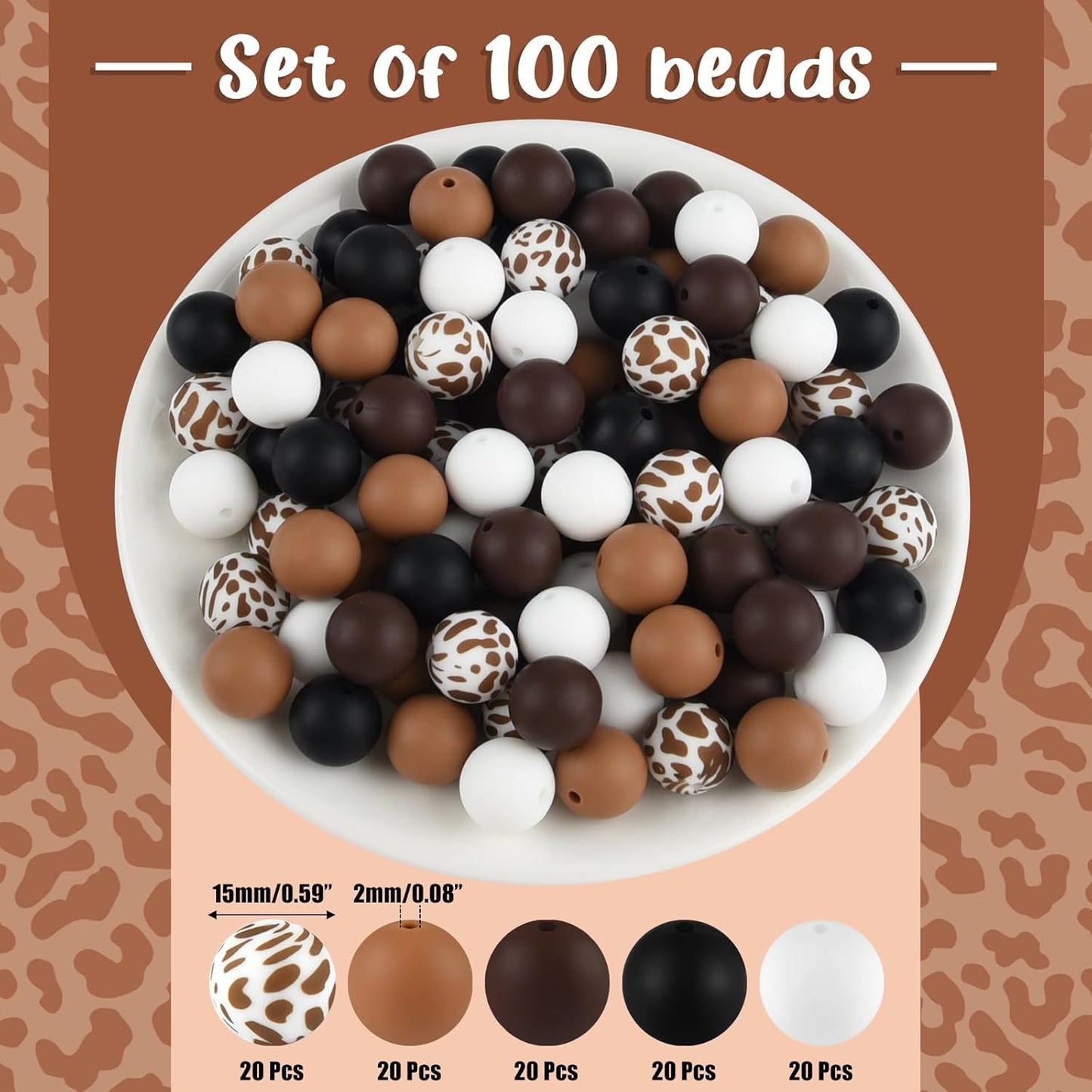 100 Pcs 15mm Silicone Beads for Keychain Making, Browm Yellow Beads Bulk Round Beads for Bracelets Crafts Beadable Pens Decorations Jewelry Making Party Favors Supplies