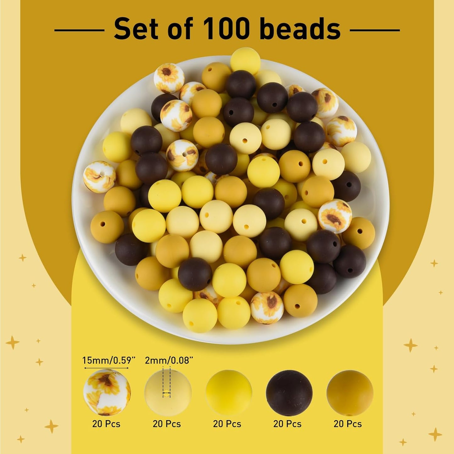 100 Pcs 15mm Silicone Beads for Keychain Making, Browm Yellow Beads Bulk Round Beads for Bracelets Crafts Beadable Pens Decorations Jewelry Making Party Favors Supplies