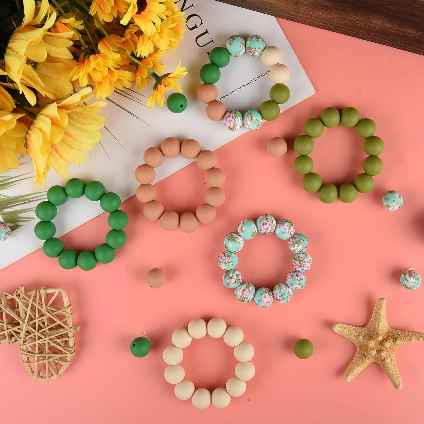 100 Pcs 15mm Silicone Beads for Keychain Making, Browm Yellow Beads Bulk Round Beads for Bracelets Crafts Beadable Pens Decorations Jewelry Making Party Favors Supplies