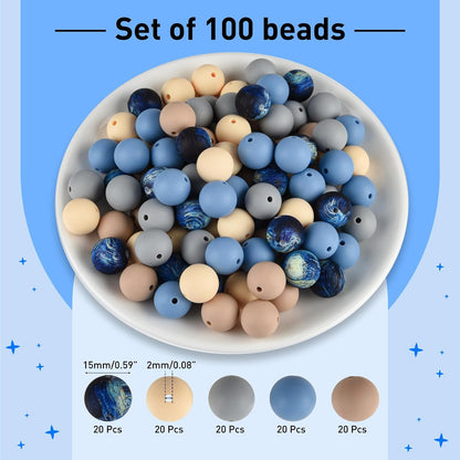 100 Pcs 15mm Silicone Beads for Keychain Making, Browm Yellow Beads Bulk Round Beads for Bracelets Crafts Beadable Pens Decorations Jewelry Making Party Favors Supplies