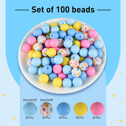 100 Pcs 15mm Silicone Beads for Keychain Making, Browm Yellow Beads Bulk Round Beads for Bracelets Crafts Beadable Pens Decorations Jewelry Making Party Favors Supplies