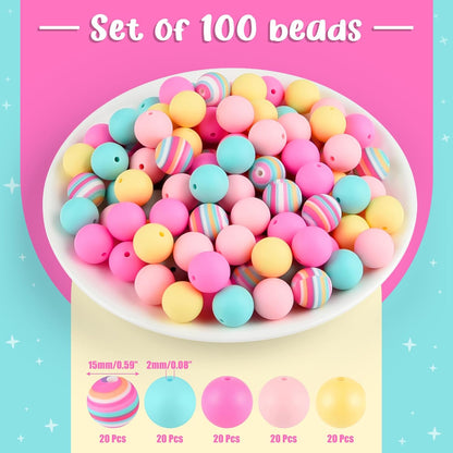 100 Pcs 15mm Silicone Beads for Keychain Making, Browm Yellow Beads Bulk Round Beads for Bracelets Crafts Beadable Pens Decorations Jewelry Making Party Favors Supplies