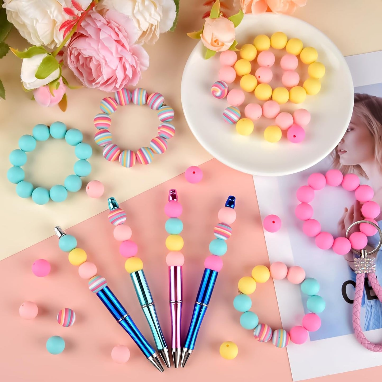 100 Pcs 15mm Silicone Beads for Keychain Making, Browm Yellow Beads Bulk Round Beads for Bracelets Crafts Beadable Pens Decorations Jewelry Making Party Favors Supplies