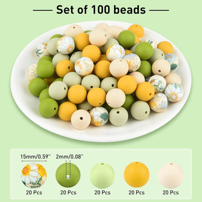 100 Pcs 15mm Silicone Beads for Keychain Making, Browm Yellow Beads Bulk Round Beads for Bracelets Crafts Beadable Pens Decorations Jewelry Making Party Favors Supplies