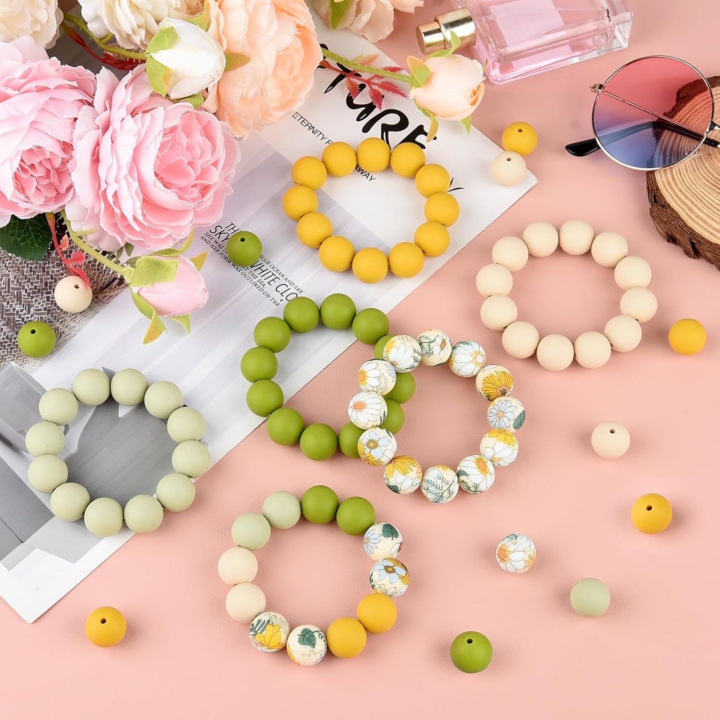 100 Pcs 15mm Silicone Beads for Keychain Making, Browm Yellow Beads Bulk Round Beads for Bracelets Crafts Beadable Pens Decorations Jewelry Making Party Favors Supplies