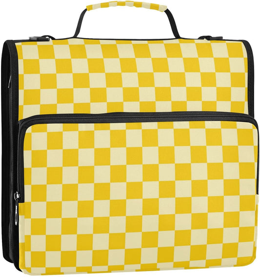 Checkered Yellow Zipper Binder 3 Ring 1.5 Inch School Binder Organizer with Shoulder Strap Handle File Folder Pockets Large Capacity Students Girl Boy Men Office Work