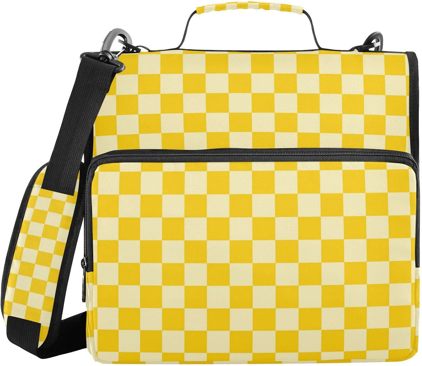 Checkered Yellow Zipper Binder 3 Ring 1.5 Inch School Binder Organizer with Shoulder Strap Handle File Folder Pockets Large Capacity Students Girl Boy Men Office Work