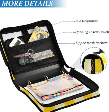 Checkered Yellow Zipper Binder 3 Ring 1.5 Inch School Binder Organizer with Shoulder Strap Handle File Folder Pockets Large Capacity Students Girl Boy Men Office Work