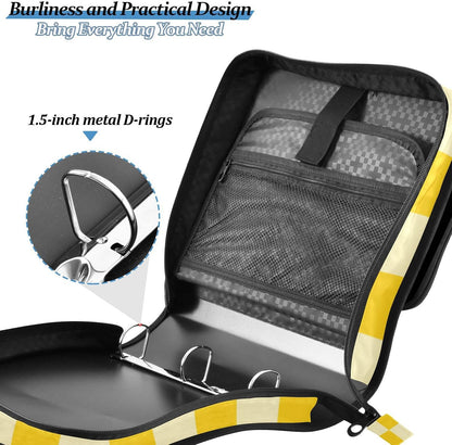 Checkered Yellow Zipper Binder 3 Ring 1.5 Inch School Binder Organizer with Shoulder Strap Handle File Folder Pockets Large Capacity Students Girl Boy Men Office Work