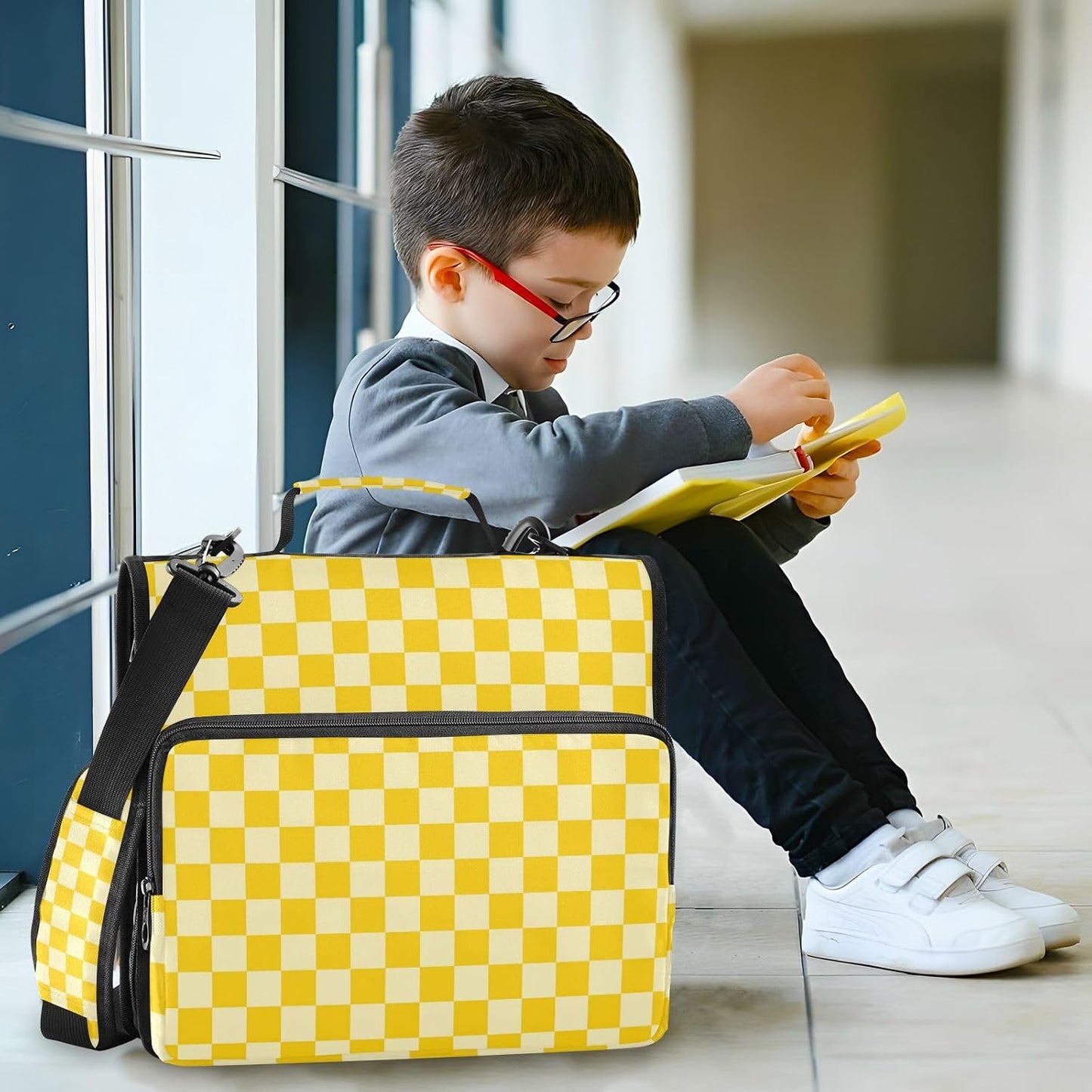 Checkered Yellow Zipper Binder 3 Ring 1.5 Inch School Binder Organizer with Shoulder Strap Handle File Folder Pockets Large Capacity Students Girl Boy Men Office Work