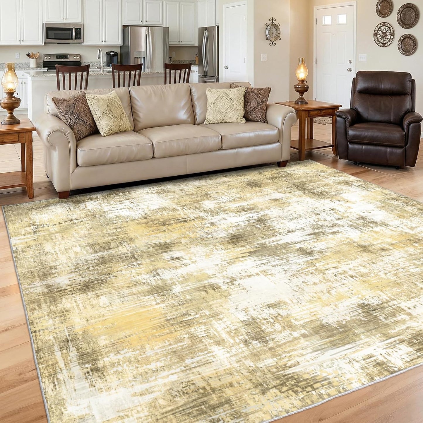 5x7Ft Living Room Area Rugs Anti-Slip Abstract Rug Stain-Resistant Carpet | Washable Rugs Carpet for Bedroom Neutral Modern Thin Carpets for Bedroom, Dining Room, Kids Playroom, Home Office Yellow