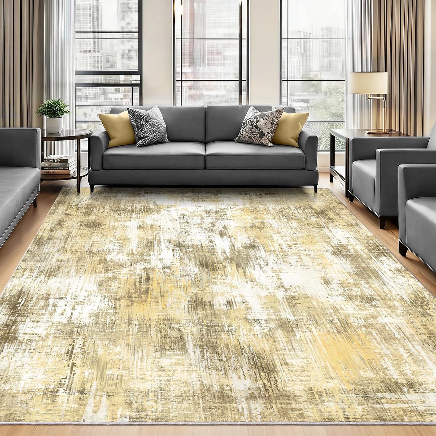 5x7Ft Living Room Area Rugs Anti-Slip Abstract Rug Stain-Resistant Carpet | Washable Rugs Carpet for Bedroom Neutral Modern Thin Carpets for Bedroom, Dining Room, Kids Playroom, Home Office Yellow