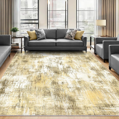 5x7Ft Living Room Area Rugs Anti-Slip Abstract Rug Stain-Resistant Carpet | Washable Rugs Carpet for Bedroom Neutral Modern Thin Carpets for Bedroom, Dining Room, Kids Playroom, Home Office Yellow