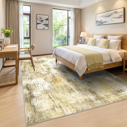5x7Ft Living Room Area Rugs Anti-Slip Abstract Rug Stain-Resistant Carpet | Washable Rugs Carpet for Bedroom Neutral Modern Thin Carpets for Bedroom, Dining Room, Kids Playroom, Home Office Yellow